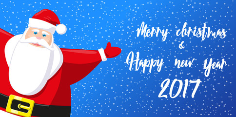 Merry Christmas and Happy New Year 2017 banner. Cute Santa Claus on background snowflakes. Hand drawn lettering. Cartoon style. Concept design poster, greeting card or flyer. Vector illustration
