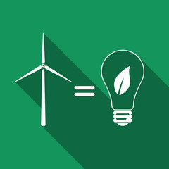 Wind turbine and bulb with leaves as idea of eco-friendly source of energy flat icon with long shadow. Vector Illustration
