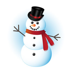 Happy vector snowman with silk magicians top hat, coal eyes, mouth, buttons, carrot nose and red scarf