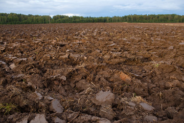 plowed field with tractor traces in spring time, farm soil background