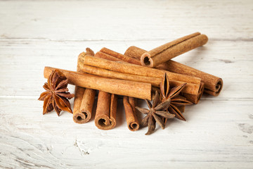 Cinnamon and star anise on rustic table