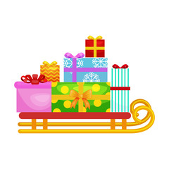Fototapeta premium christmas gifts in stack box on sled, winter holiday xmas present decorated with ribbon vector illustration