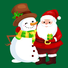 Merry Christmas and Happy New Year!Friends Santa Claus in hat and snowman in scarf celebrate xmas