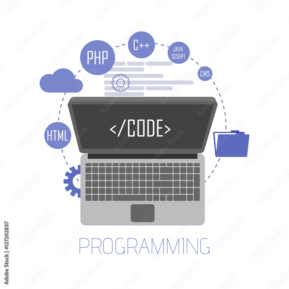 Aufkleber programming and coding, website development, web design. flat vector illustration