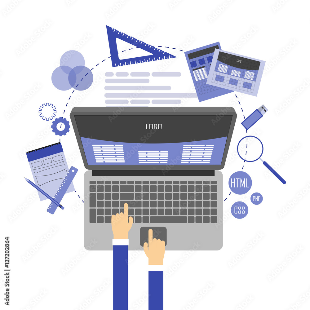 Poster Abstract flat vector illustration of web design and development concepts. Elements for mobile and web applications