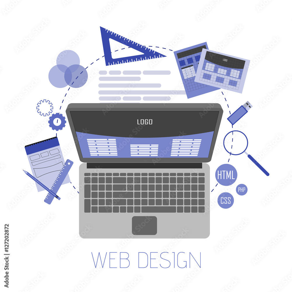 Poster Abstract flat vector illustration of web design and development concepts. Elements for mobile and web applications