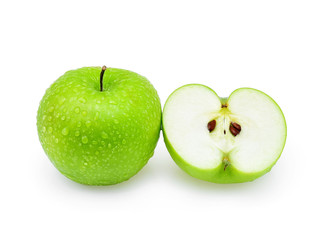 green apple with Drop of water on white background.