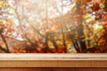 Wooden table and blur beautiful autumn forest background.