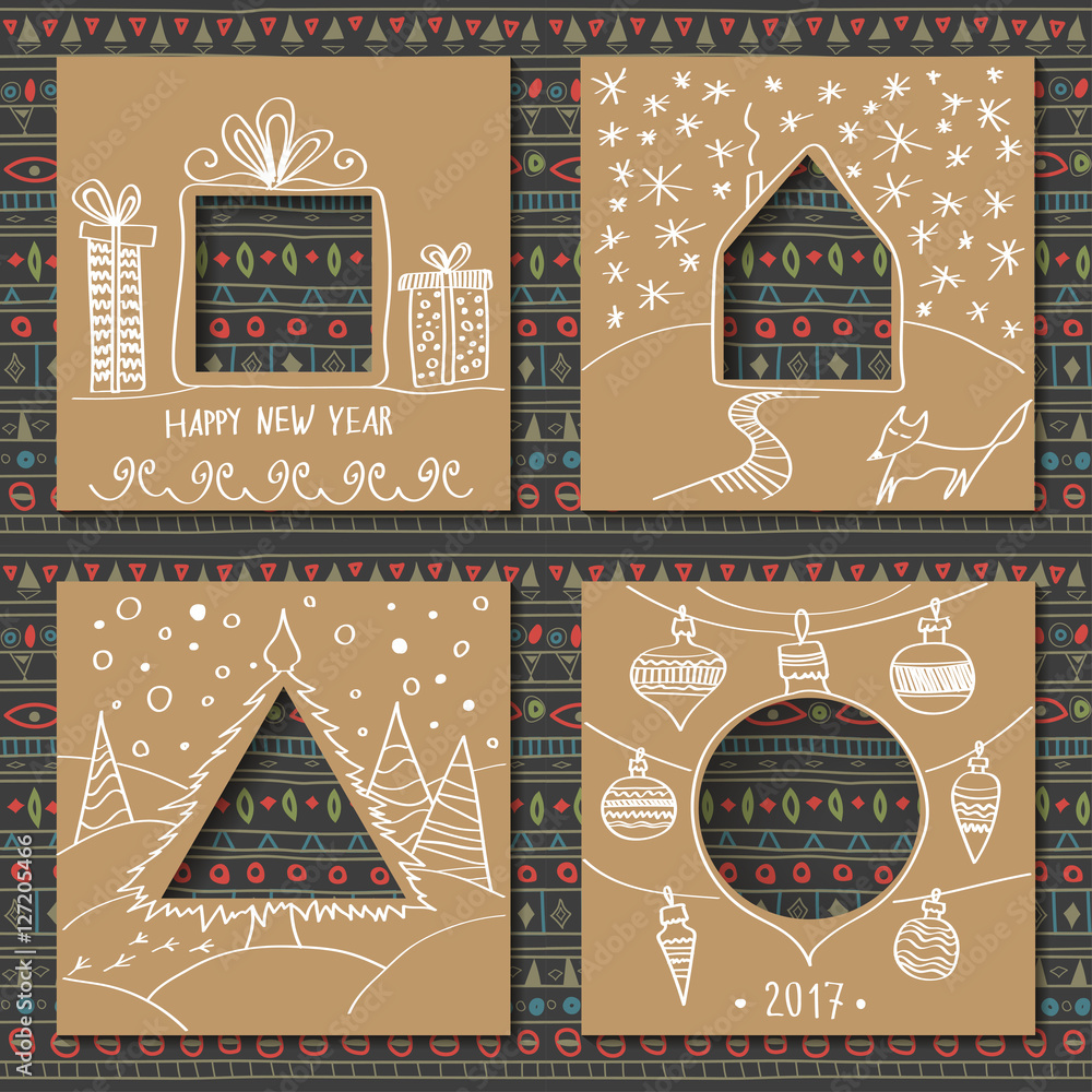 Poster vector set of four templates for paper christmas cards. cardboard squares with holes in the form of 