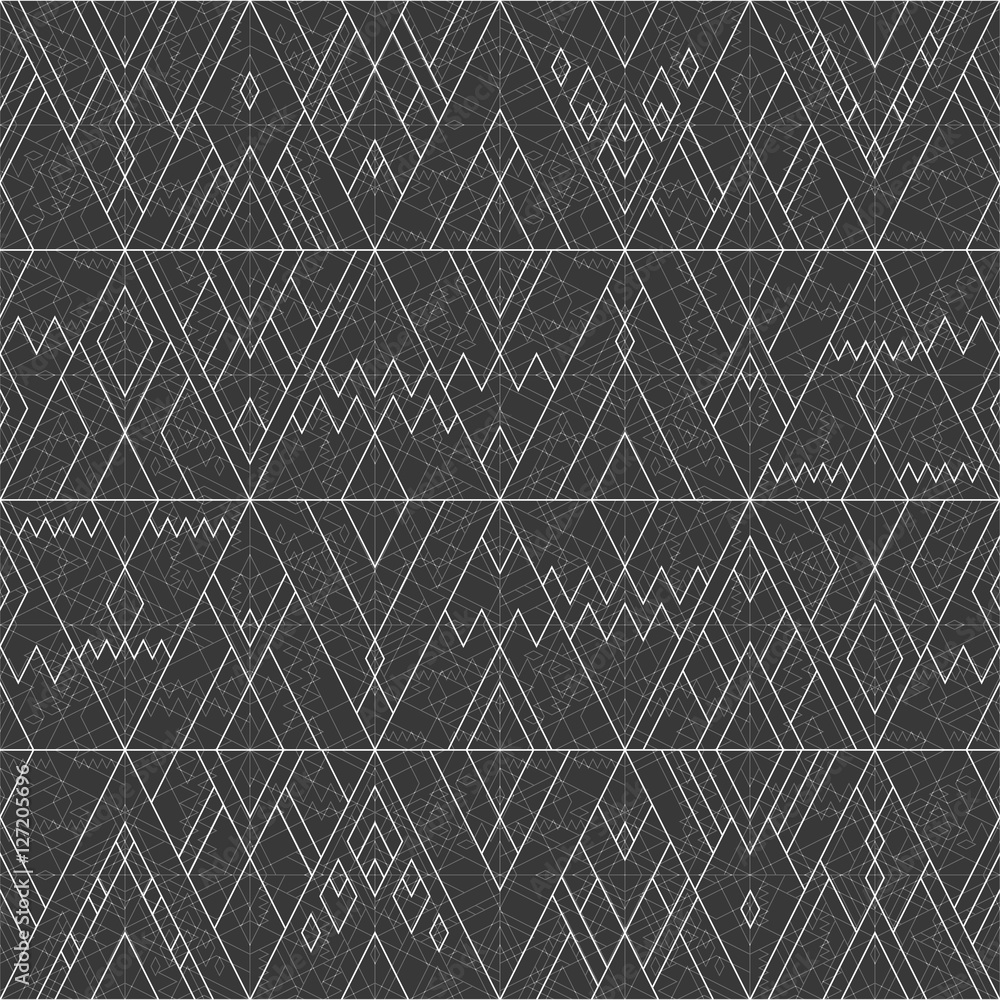 Poster vector seamless white geometric line pattern of triangles and rhombus on black dark background in hi