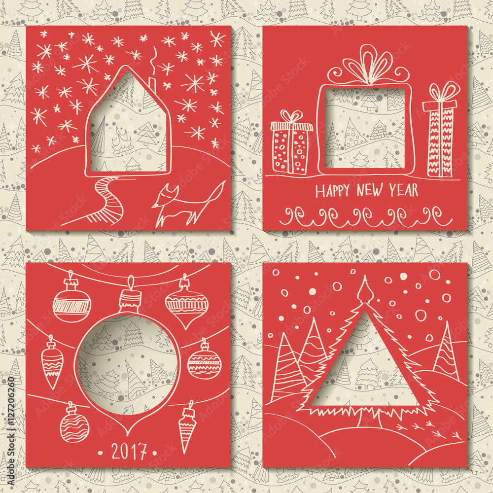 Poster vector set of four templates for paper christmas cards. red squares with holes in the form of figure