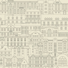 Vector seamless vintage pattern of old houses of nonexistent city. Thin line facades are arranged one behind the other. Black on beige background.