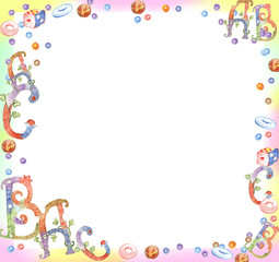 Сhildren, letters, toys, rabbit, crocodile, pencil drawing.