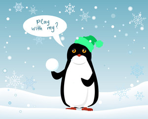 Penguin Animal in Hat and Snowball. Play with Me
