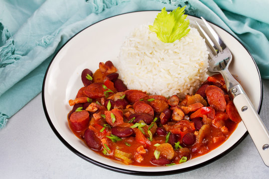 Red Beans with Sausages, Pancetta, Celery Stalks and Rice