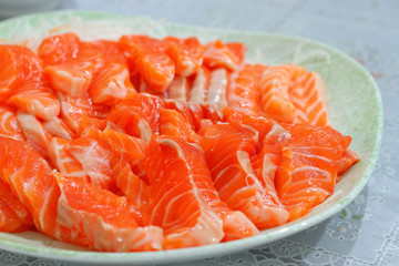 salmon sashimi,Close Up of pattern on slice Salmon,selected focu