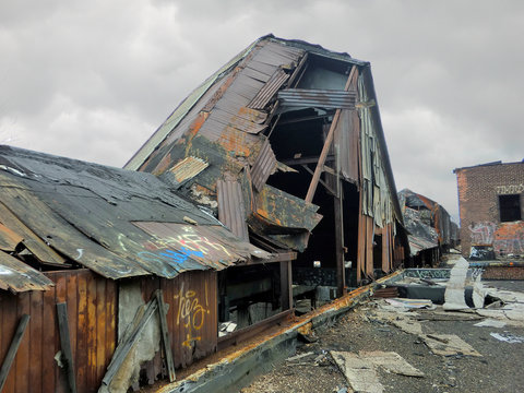 Destroyed Rusty Metal Shanty Shack Crumbling In Decay