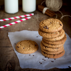 Stack of Homemade oatmeal cookies with chocolate and cinnamon