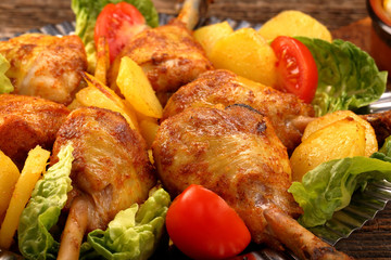 Chicken legs and baked potatoes with vegetable