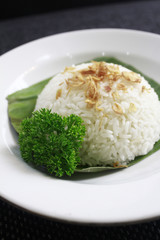 Rice with fried onions on top and celery at the side.. Rice can be the main food in many asian countries..