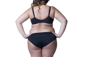 Plus size model in black lingerie, overweight female body, fat woman with cellulitis on buttocks...