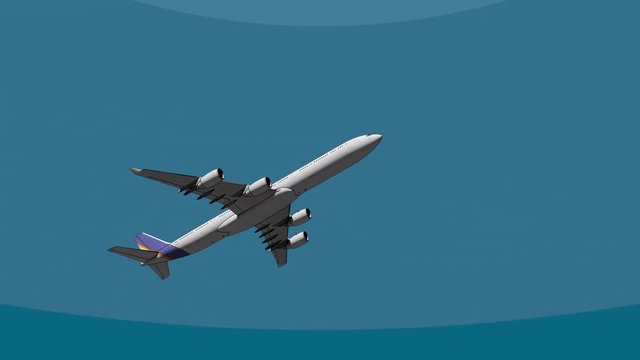Big four engine airliner flying across the sky 4K 3D cartoon animation. Immigration, leaving, travel concepts