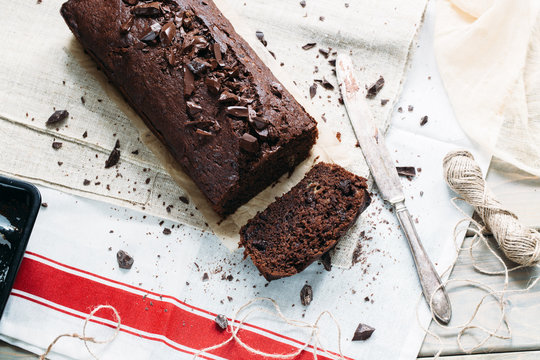 Chocolate Loaf Cake With Banan. Rustic Style