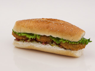 hamburger with cutlet and pickles on a white background with reflection