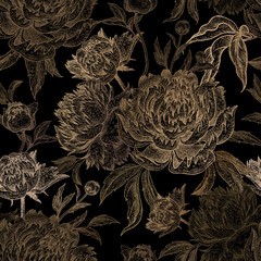 Seamless pattern with gold peony on a black background.