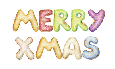 Naklejka premium Hand painted watercolor words Merry Xmas donut alphabet isolated on white. Xmas lettering 