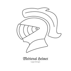 Medieval Knight protection helmet. Single logo in modern thin line style isolated on white background. Outline medieval theme symbol. Simple mono linear pictogram. Stroke vector logotype template.