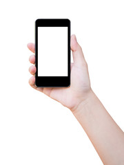 Hand holding smart phone isolated on white background
