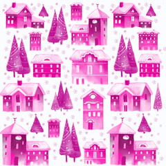 Christmas seamless pattern with houses and trees