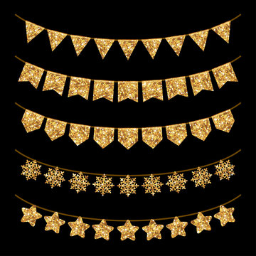 Gold Garland Decoration Set Isolated On Black