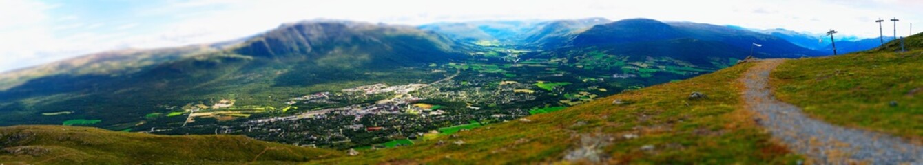 Micro toy panorama of  Oppdal city background