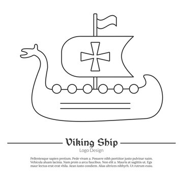 Medieval Viking ship, boat. Single logo in modern thin line style isolated on white background. Outline medieval theme symbol. Simple mono linear pictogram. Stroke vector logotype template.