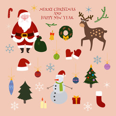 Collection of vector hand drawn Happy New Year and Merry Christmas decorative elements