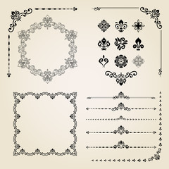 Vintage set of elements. Different elements for decoration and design frames, cards, menus, backgrounds and monograms. Collection of floral ornaments