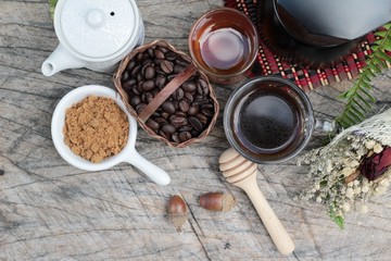 Coffee with milk and honey is delicious.