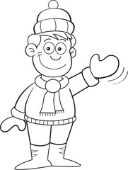 Black and white illustration of a boy waving.