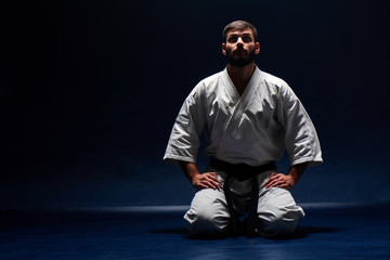 Karate man in a kimono sits on her knees on the floor on blue background © amixstudio