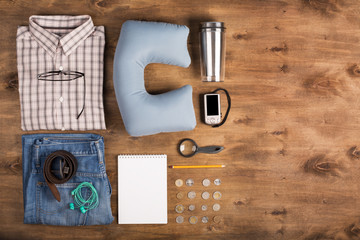 Vacation items on the table, top view