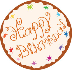 Obraz premium sweet happy birthday/ vector chocolate glazed cake with the inscription and colored stars a top view 