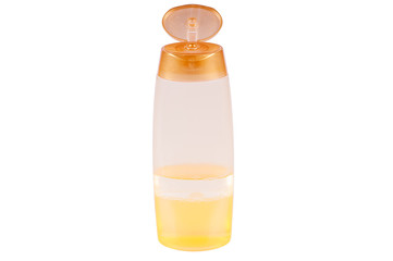 Small plastic vial bottle filled with the yellow liquid isolated over the white background