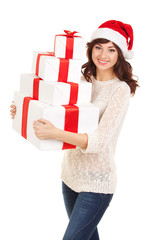 Happy santa woman with gift boxes isolated on white. Smiling mod