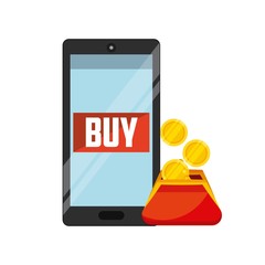 purse with gold coins and smartphone device with buy word on screen over white background. tax design. vector illustration