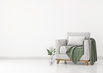 Interior with armchair, plants and plaid on empty white wall background. 3D rendering.