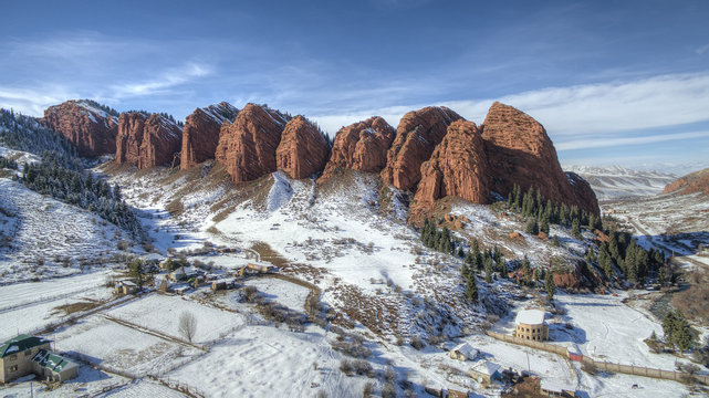 Jeti-Oguz (Seven Bulls) mountains. Aerial photo. Kyrgyzstan landmark