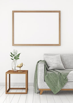 Horizontal interior poster mock-up with empty wooden frame and plants on white wall background. 3D rendering.