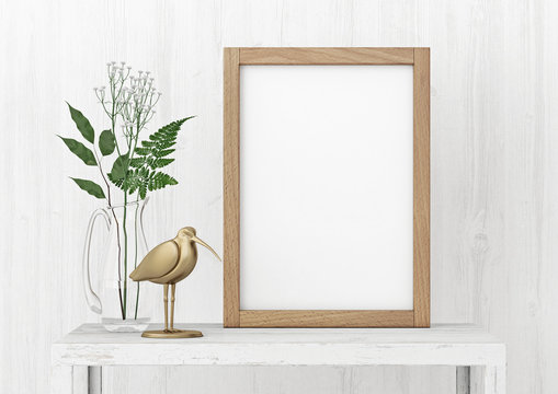 Vertical interior poster mock-up with empty wooden frame and plants on white wall background. 3D rendering.
